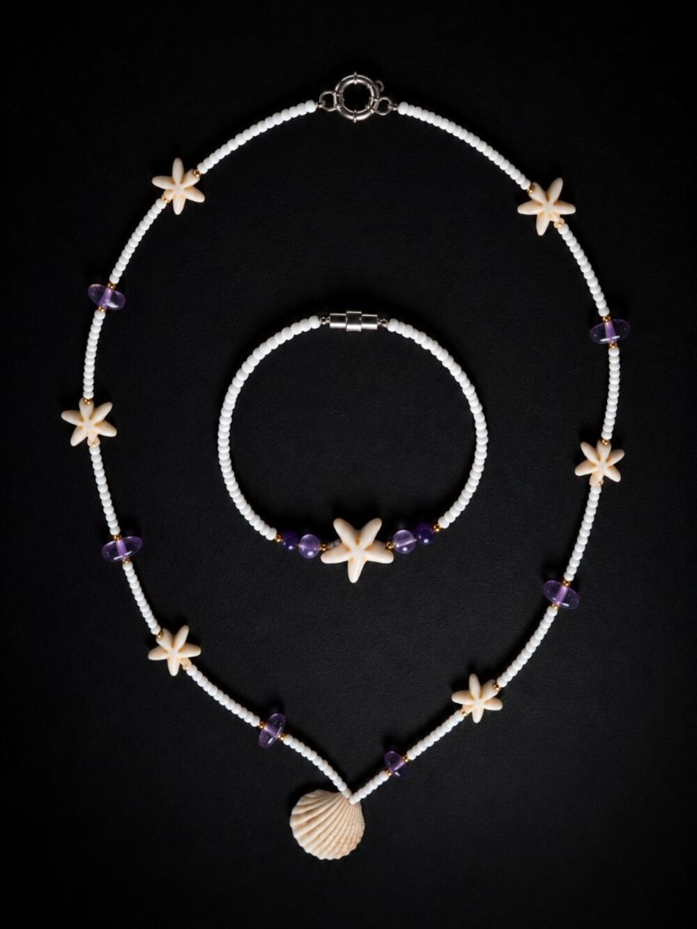 Zipolite beads and shell necklace and bracelet set,  handmade, new!